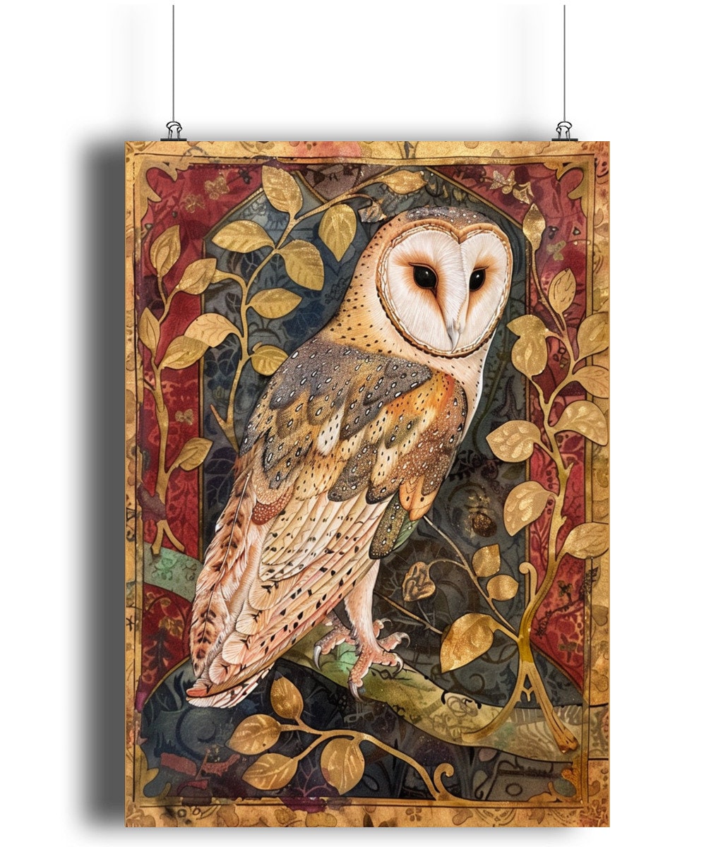 Medieval Barn Owl Art Print: Vintage Manuscript Style