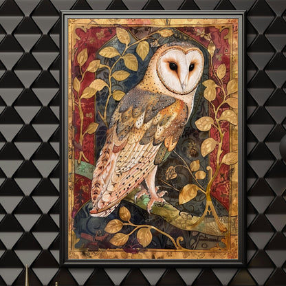 Medieval Barn Owl Art Print: Vintage Manuscript Style