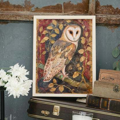 colourful medieval style print of a barn owl, marginalia, medieval illuminated manuscript