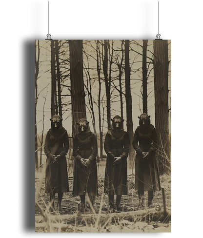 Haunting image of four figures with animal masks, robed in black, standing solemnly among barren trees in a ritualistic scene. Witchy gifts.