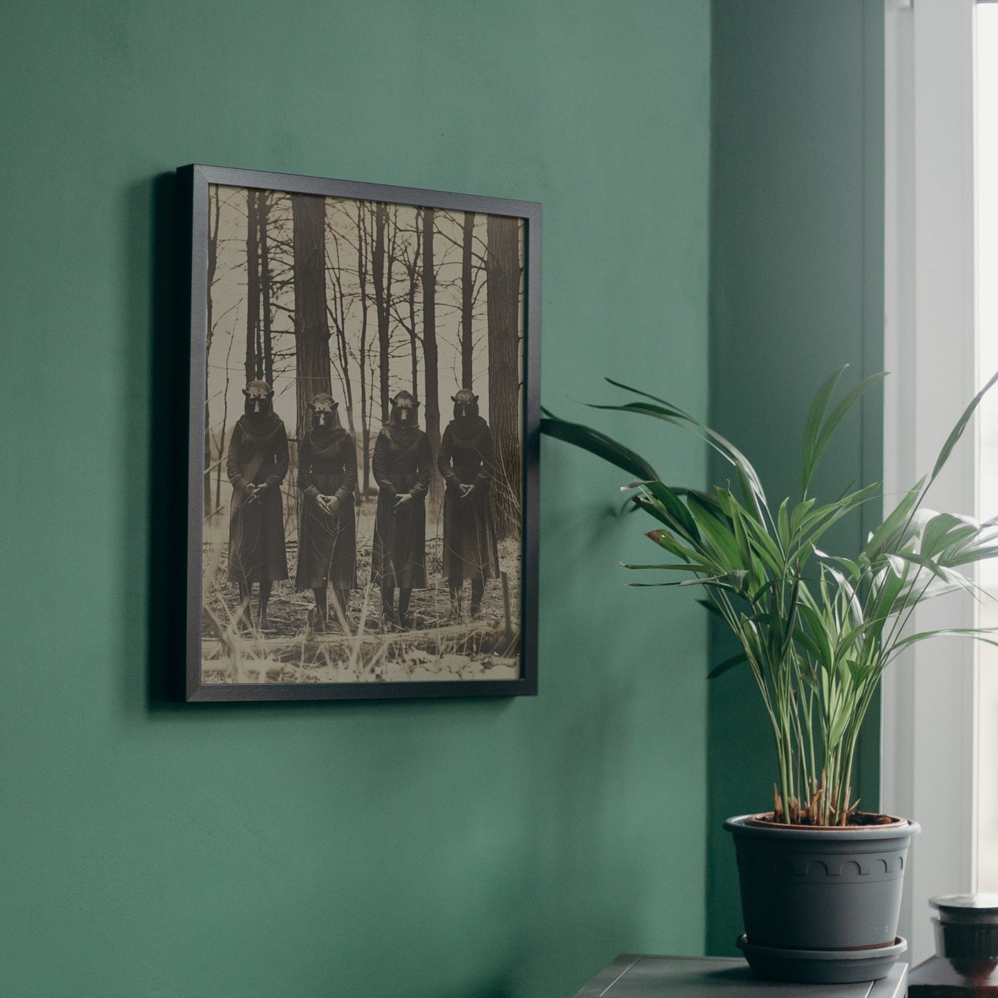Vintage photo of masked figures in dark robes standing in a haunting forest, suggesting an ancient, secretive ritual.