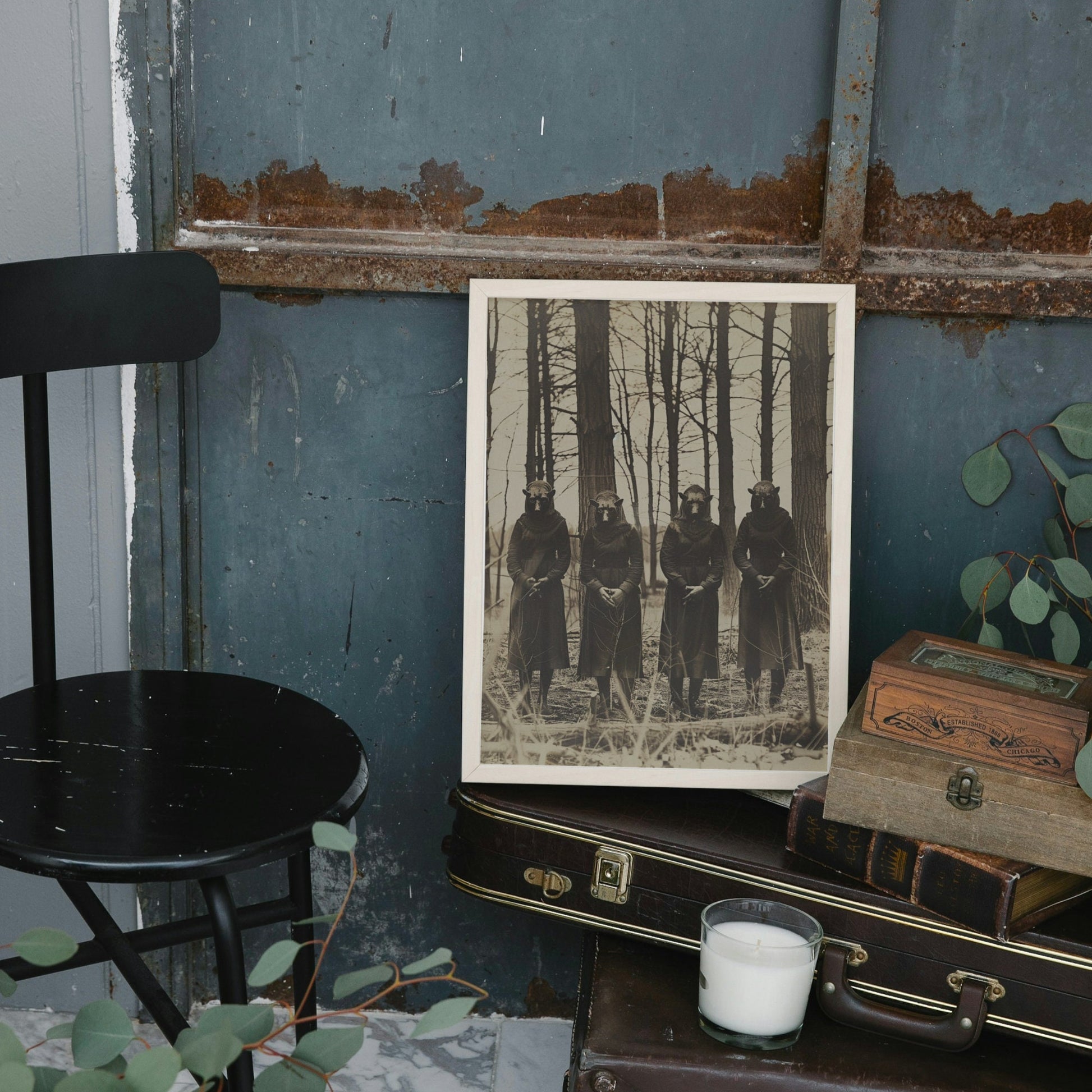 An occult-like gathering of four masked figures in a desolate forest, captured in a grainy, sepia photograph. Pagan cult.