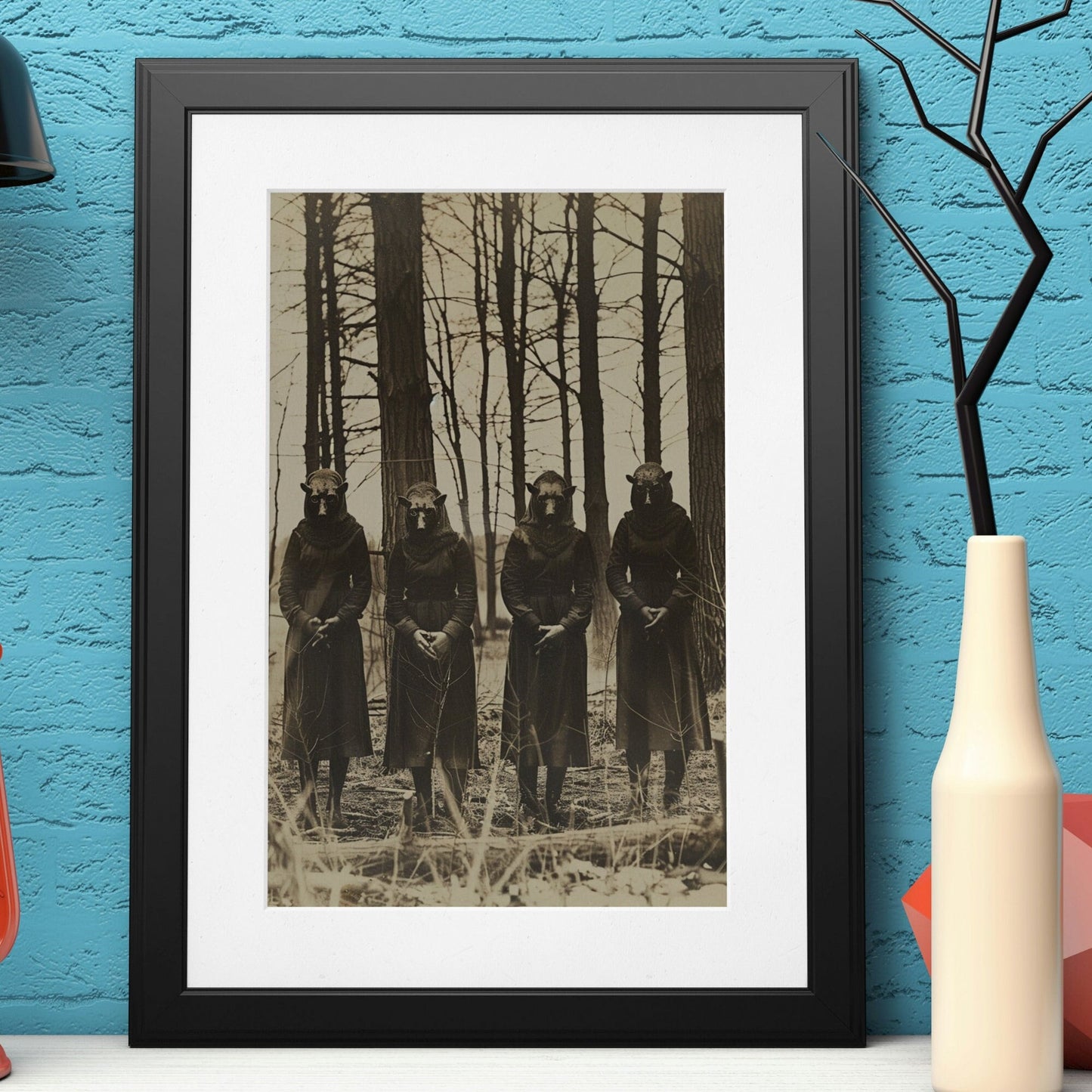 Four robed figures in a forest wearing animal masks, evoking a mysterious and eerie cult ritual in sepia tones. Rabbit cult of the forest.