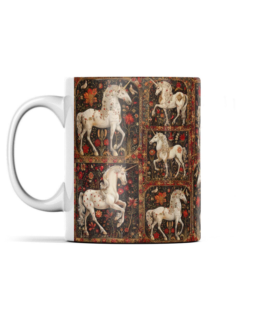 Vintage-inspired unicorn design on a coffee mug with ornate details, ideal for collectors