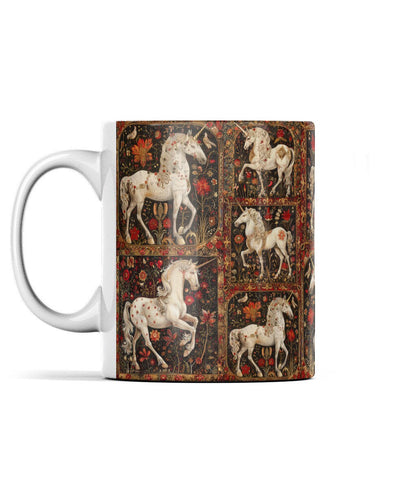 Vintage-inspired unicorn design on a coffee mug with ornate details, ideal for collectors
