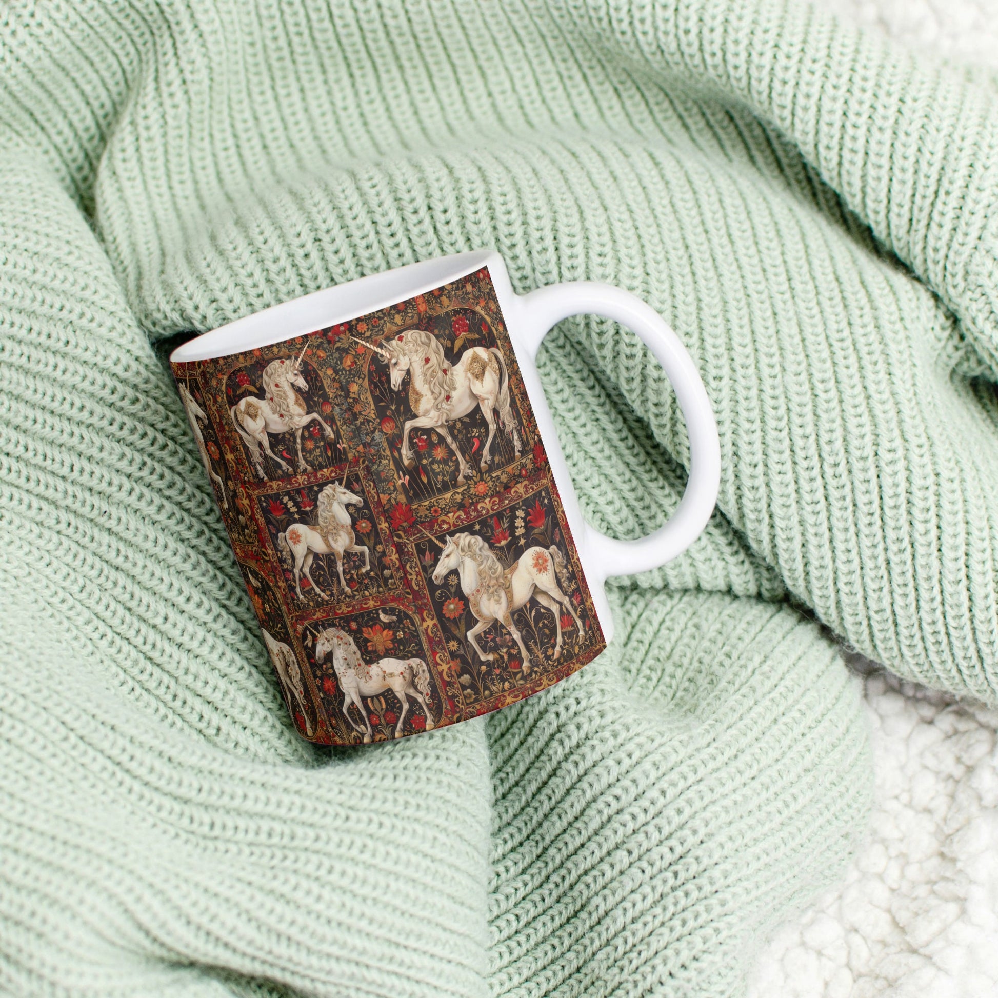 Full-wrap design on ceramic mug with mythical unicorns and lush floral backgrounds in rich colors.
