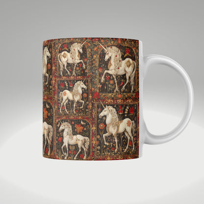 Elegant white unicorns with floral accents on a medieval tapestry-style mug, perfect for fantasy lovers.