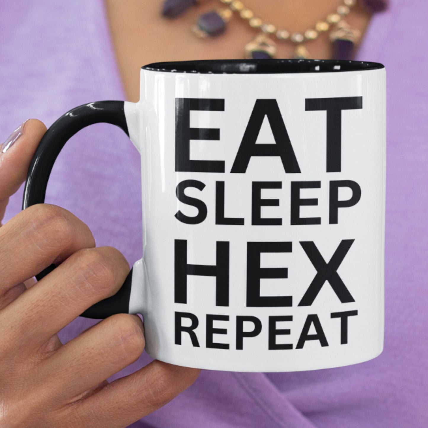 Enchanting black and white mug for witches, featuring bold text for those who love hexes and magic.