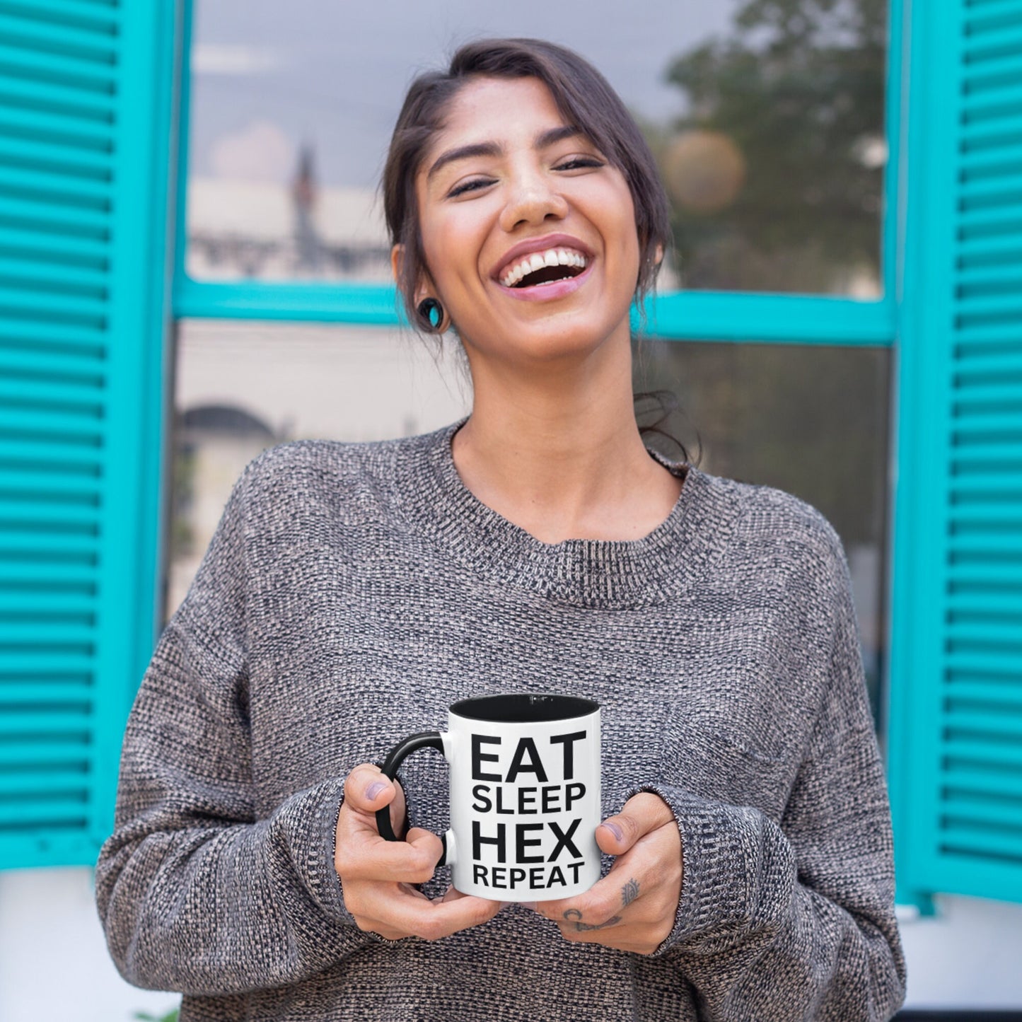 Wiccan-themed mug with black handle and interior, ideal for those practicing magic and casting spells.