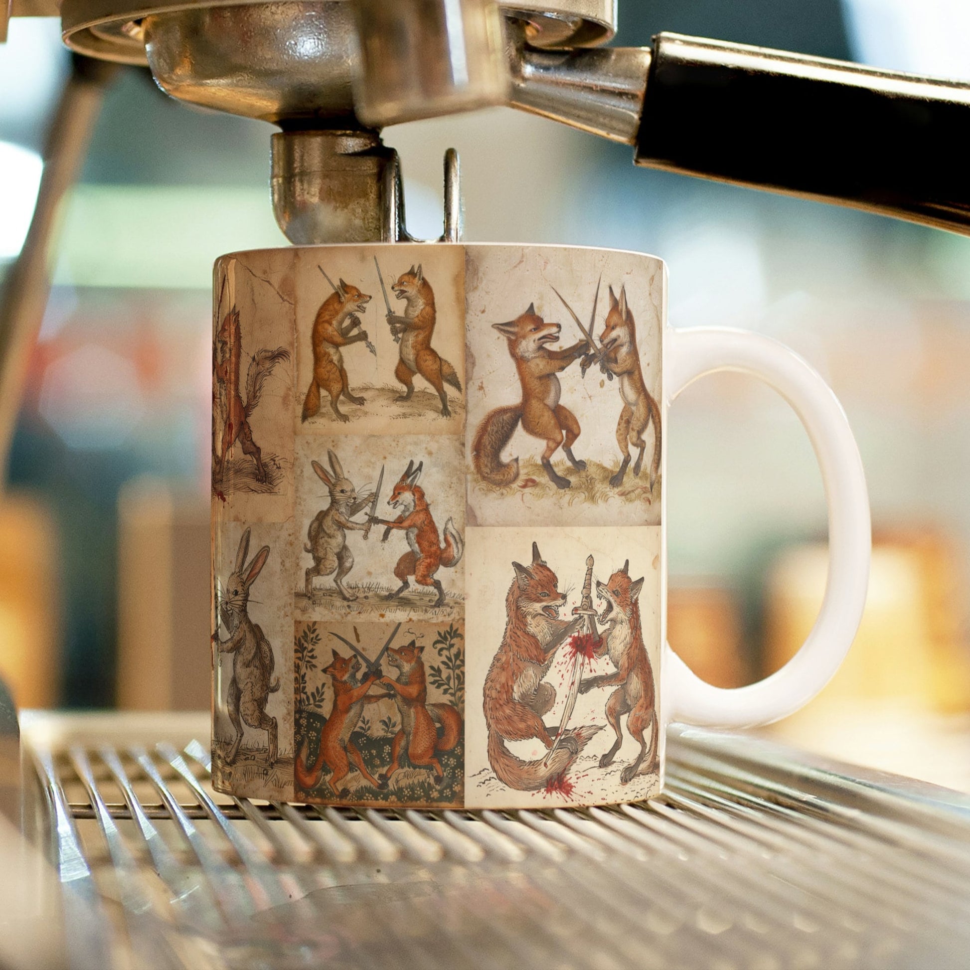 unique gift, 11 oz mug, coffee mug, tea mug, medieval art, Etsy mug listing. Marginalia rabbits and foxes fighting