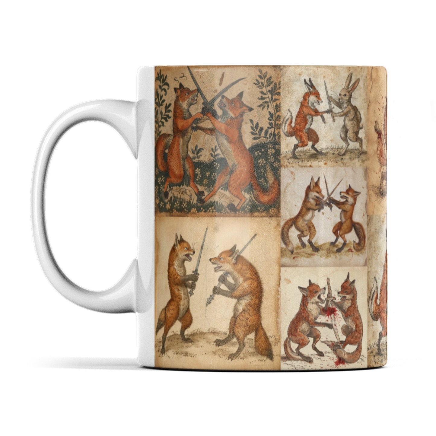 medieval mug, fantasy mug, anthropomorphic animals, sword fight art, foxes and rabbits.