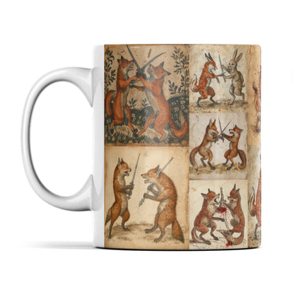 medieval mug, fantasy mug, anthropomorphic animals, sword fight art, foxes and rabbits.