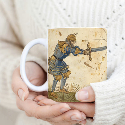 A dark academia-inspired mug showcasing a knight versus a giant fly, illustrated in the style of medieval marginalia. This collectible, witchy gift blends historical and fantasy elements in a seamless, full-wrap design for lovers of medieval art.