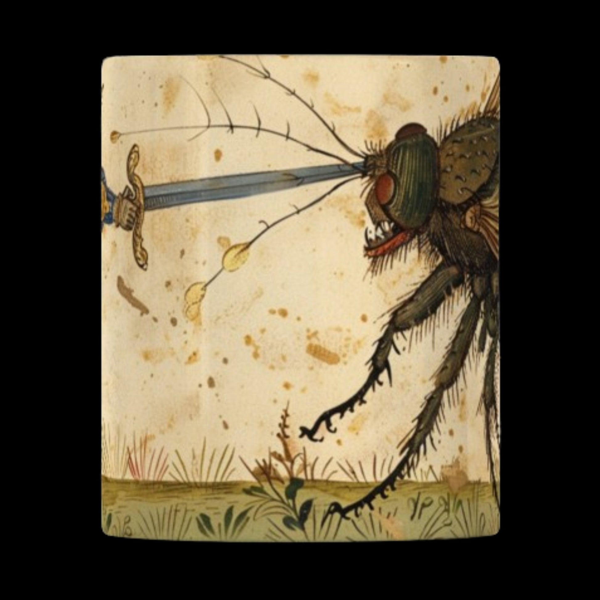 Featuring a knight battling a giant fly in an illuminated manuscript style, this medieval marginalia mug is ideal for fans of dark academia and fantasy. A whimsical, witchy gift that combines historical illustration with a unique, gothic aesthetic.