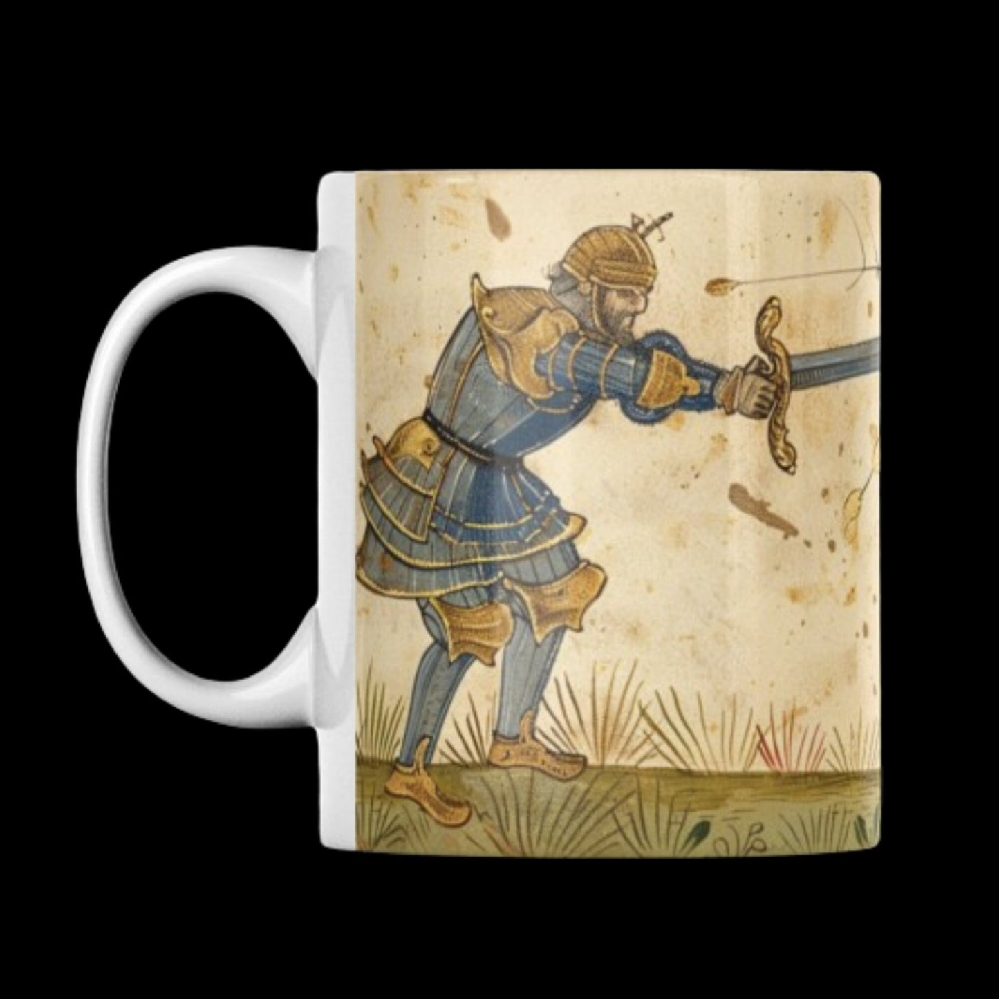 This mug depicts a knight fighting a giant fly, rendered in medieval marginalia style with illuminated manuscript details. A perfect dark academia mug and witchy gift for lovers of fantasy, history, and gothic art.
