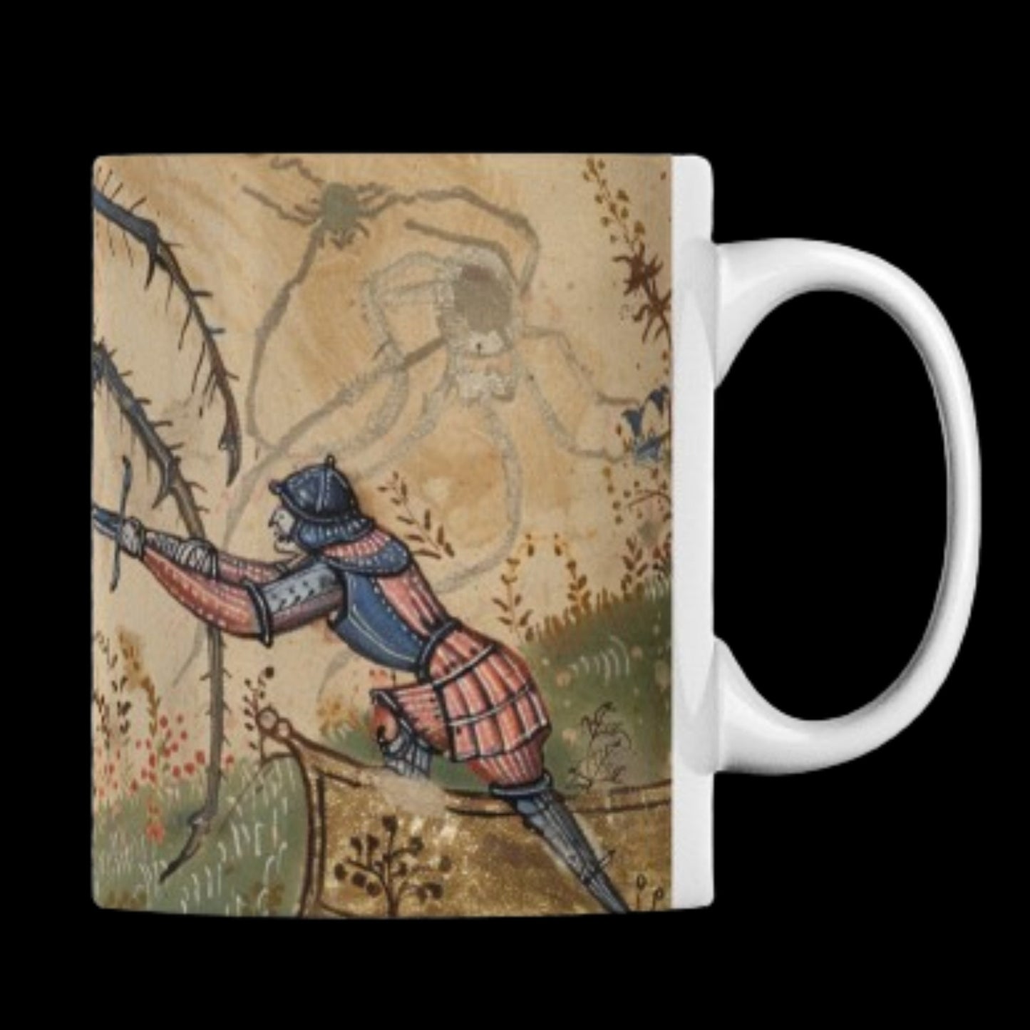 11 oz mug featuring a design of Medieval Marginalia. The image depicts a knight in ornate armour battling a large spider, inspired by an illuminated manuscript. Rich in detail, the design covers the entire surface from top to bottom. of the mug.