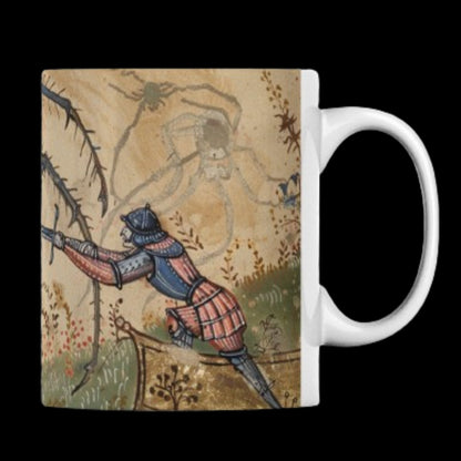 11 oz mug featuring a design of Medieval Marginalia. The image depicts a knight in ornate armour battling a large spider, inspired by an illuminated manuscript. Rich in detail, the design covers the entire surface from top to bottom. of the mug.