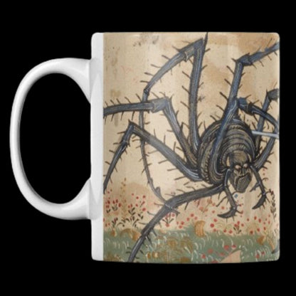11 oz mug featuring a full wraparound, borderless design of Medieval Marginalia. The vivid print depicts an illuminated manuscript scene with a knight battling a giant spider, showcasing intricate details and vibrant colours inspired by medieval art.
