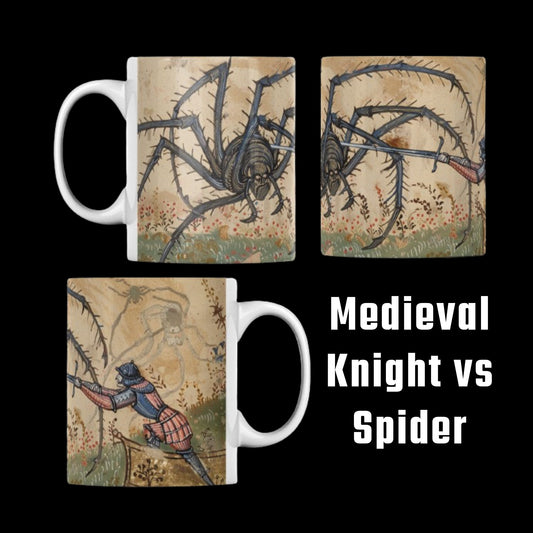 11 oz mug with a full wraparound design featuring a Medieval Marginalia print. The scene depicts a knight in armour battling a giant spider, inspired by an illuminated manuscript. The intricate, colourful artwork covers the entire mug, top to bottom.