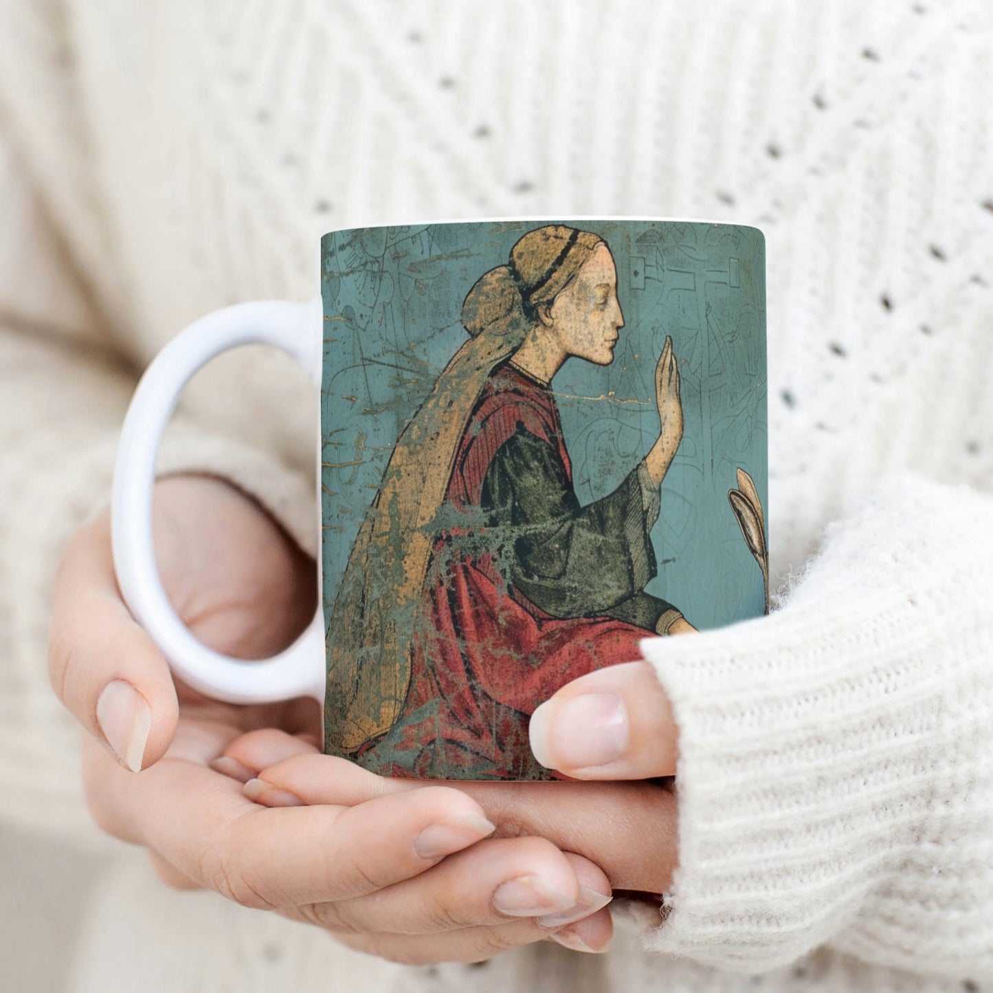 11 oz mug featuring a wrap-around design of Goddess Eostre/Ostara with a full moon-gazing hare. The scene includes vibrant spring elements like blooming flowers and Wiccan symbols, symbolizing fertility and renewal.