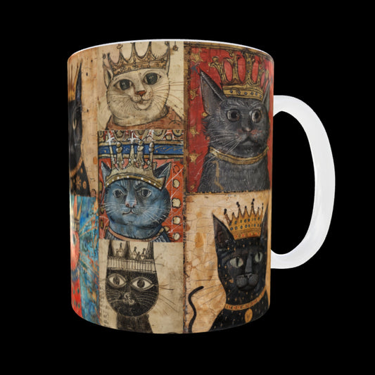 A white ceramic mug with medieval-style illustrations of regal cats wearing crowns and royal garments. King cats and queen cats