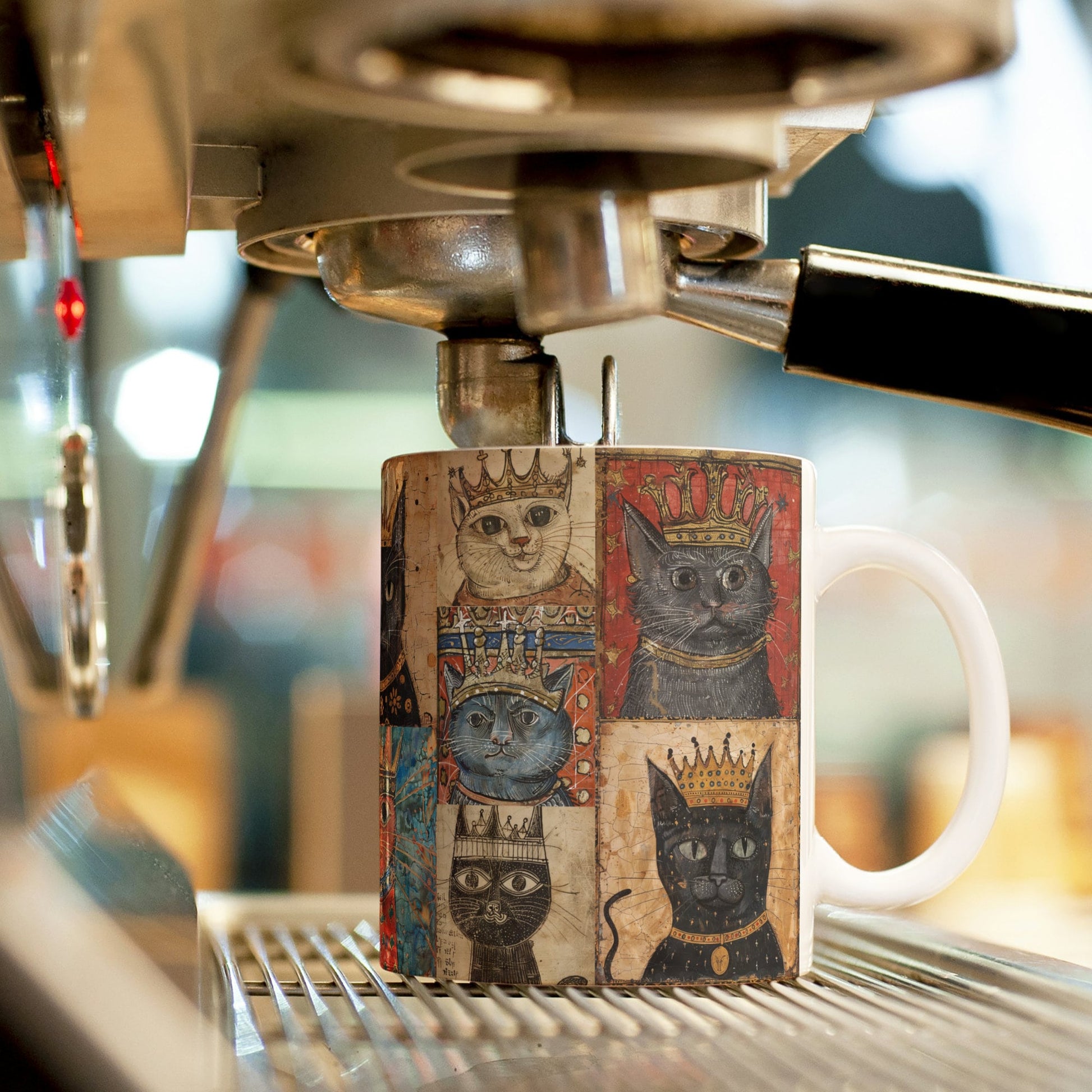 Cat lover&#39;s mug with regal feline designs, an ideal present for cat moms and medieval art fans