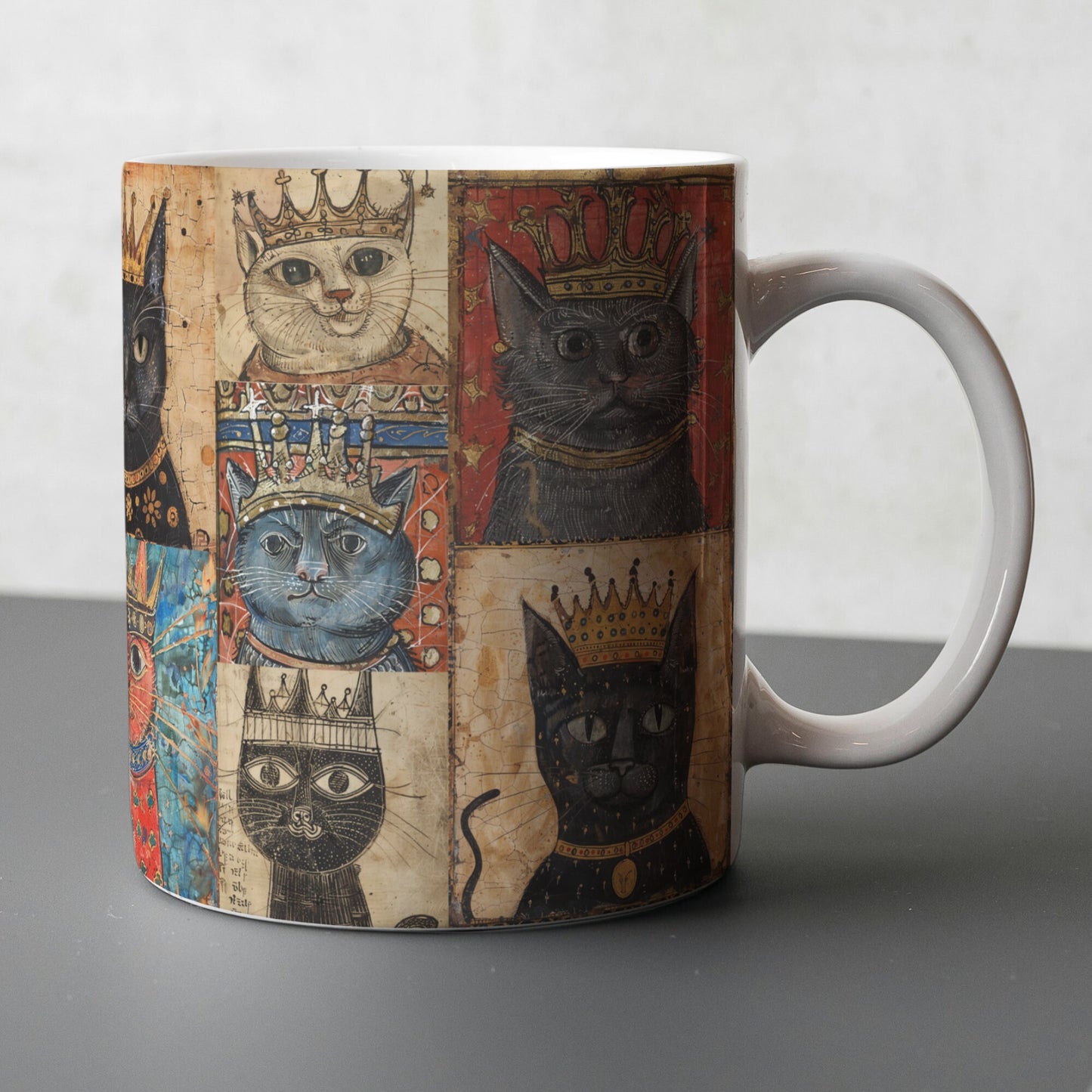 Unique coffee mug with historical cat artwork, ideal gift for cat enthusiasts and medieval history buffs. Crazy cat lady gift mug