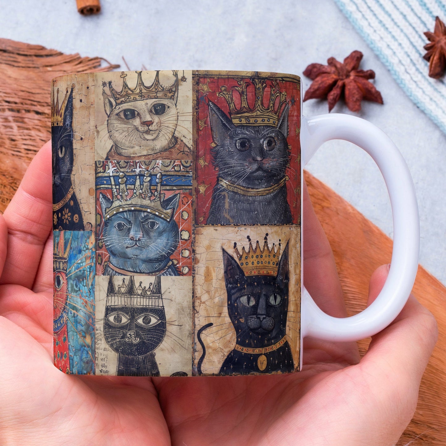 Medieval manuscript-inspired mug with crowned cats, a whimsical gift for cat enthusiasts.