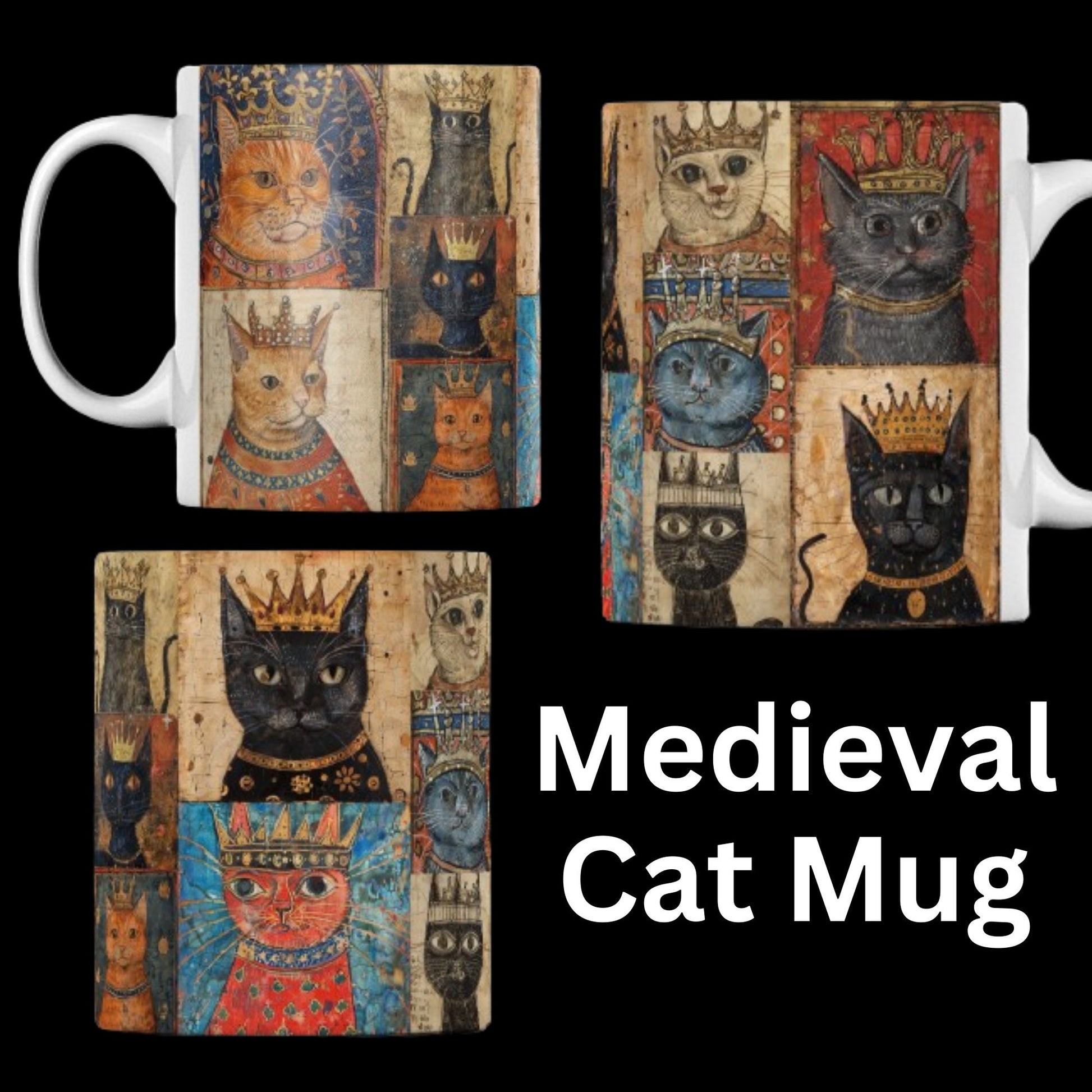 Medieval-themed mug featuring regal cat illustrations, styled like historical manuscript art