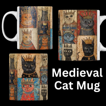 Medieval-themed mug featuring regal cat illustrations, styled like historical manuscript art