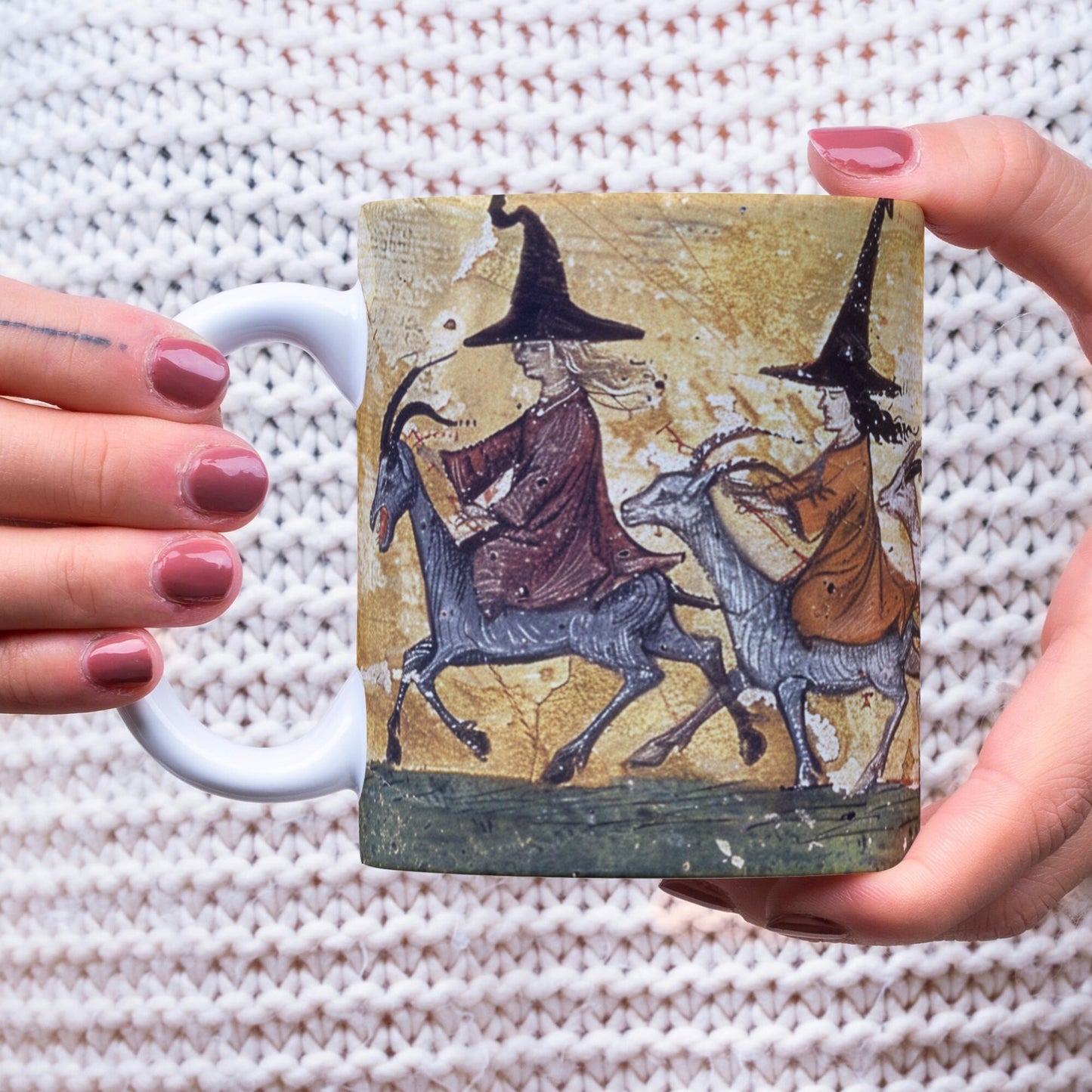 Witchcraft mug
Medieval manuscript mug
Witches riding goats
Occult coffee mug
Vintage folklore mug
Gothic style mug
Mystical ceramic mug
Witchy kitchenware
Magical wraparound mug
Unique gift for witches