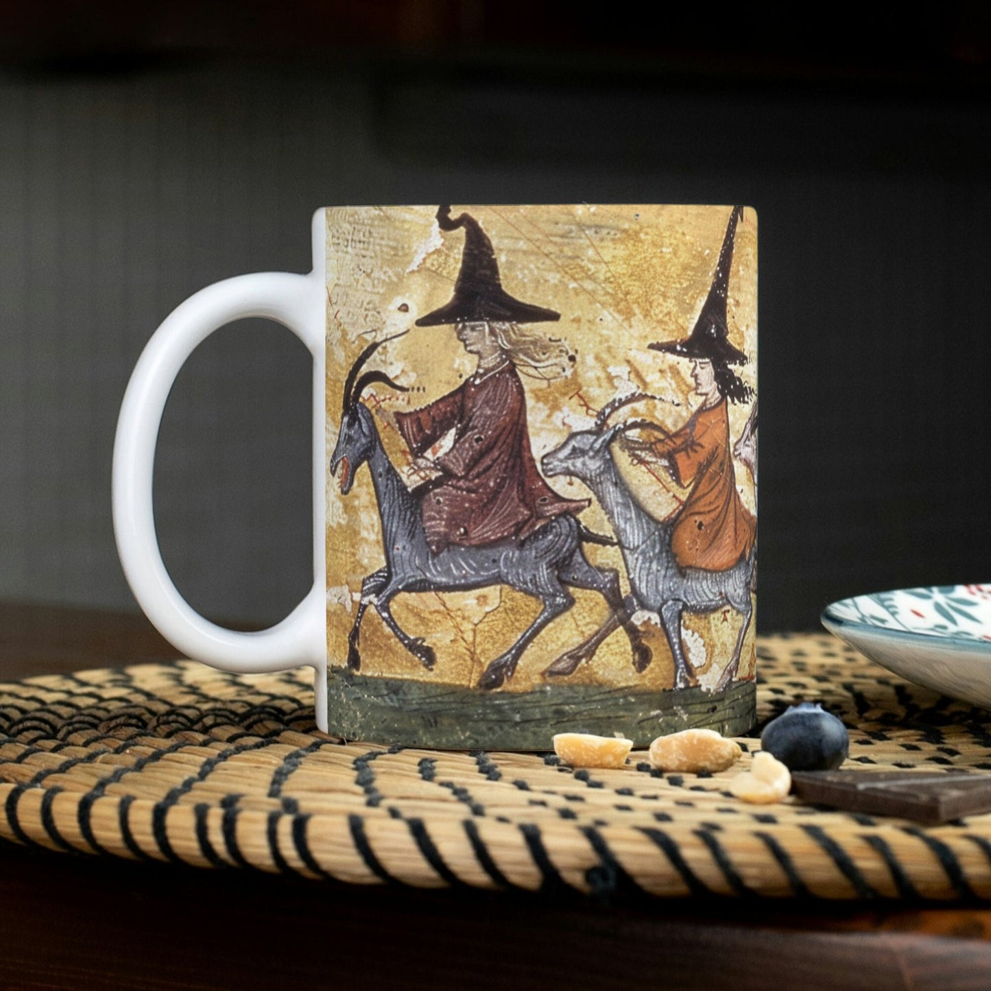 medieval style witch mug, witchy gifts, witches riding goats, goat gifts, goat lover, Wicca mug, occult gift