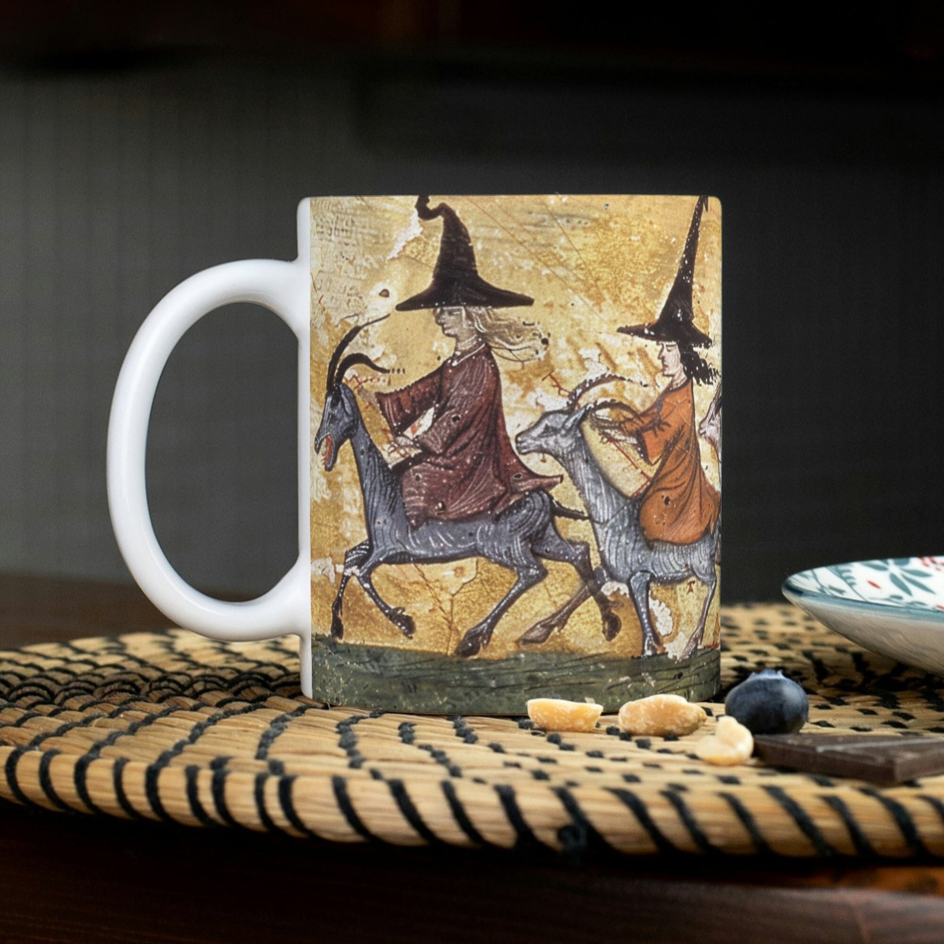 medieval style witch mug, witchy gifts, witches riding goats, goat gifts, goat lover, Wicca mug, occult gift