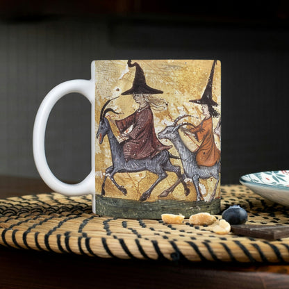medieval style witch mug, witchy gifts, witches riding goats, goat gifts, goat lover, Wicca mug, occult gift