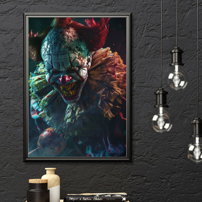 Creepy clown art print featuring a cracked, weathered face and menacing red nose, ideal for Halloween decor