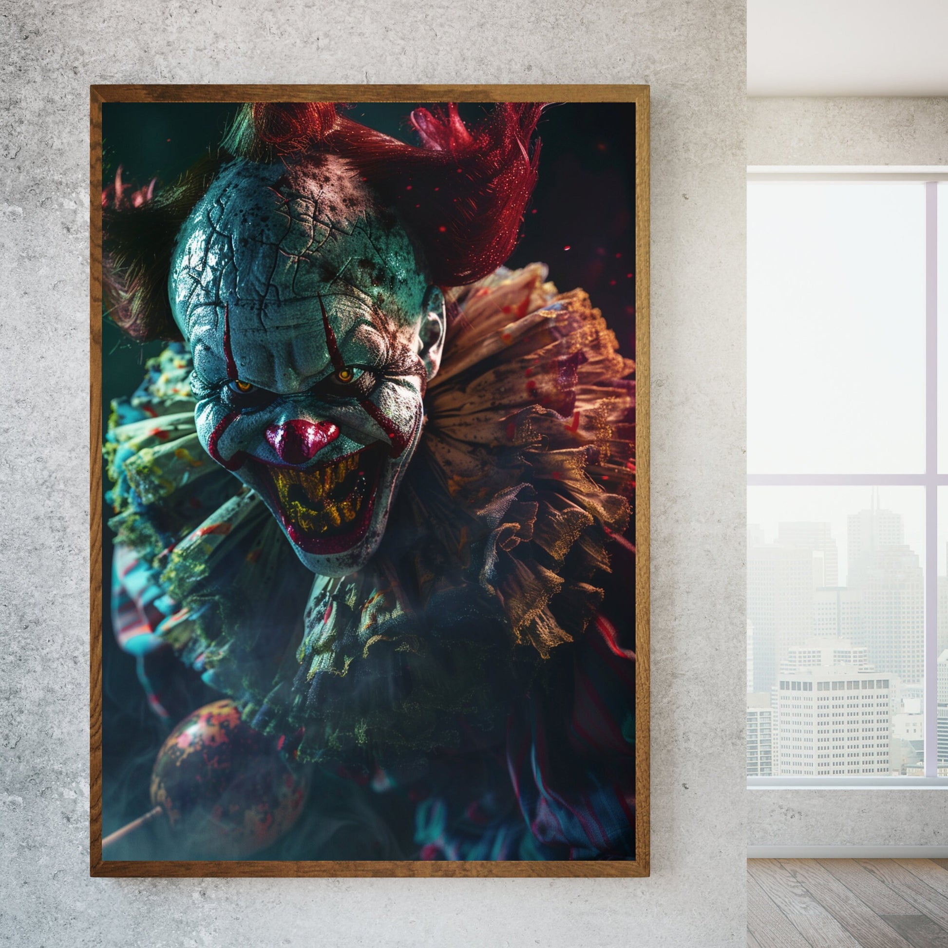 Intense killer clown illustration with glowing eyes and a grotesque expression, designed for dark, horror-themed decor