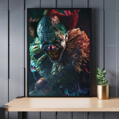 Scary clown portrait with an unsettling stare and cracked face, a great gift for fans of creepy, macabre art