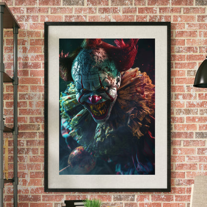 Chilling and disturbing clown face art print with vivid colours, ideal for adding a touch of terror to any room
