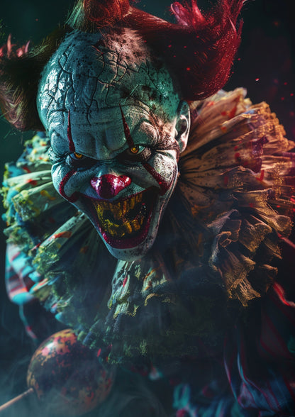 Sinister circus clown with a cracked face and evil smile, perfect for a Halloween gallery wall or horror-themed space