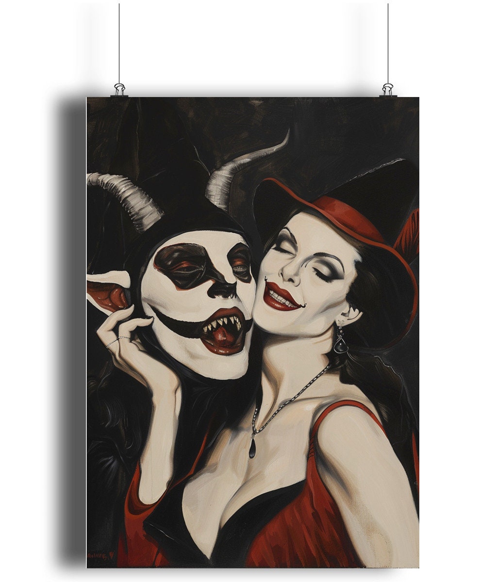 Witch with striking makeup and red attire, accompanied by the Devil in a sinister mask, in a detailed Halloween art print.