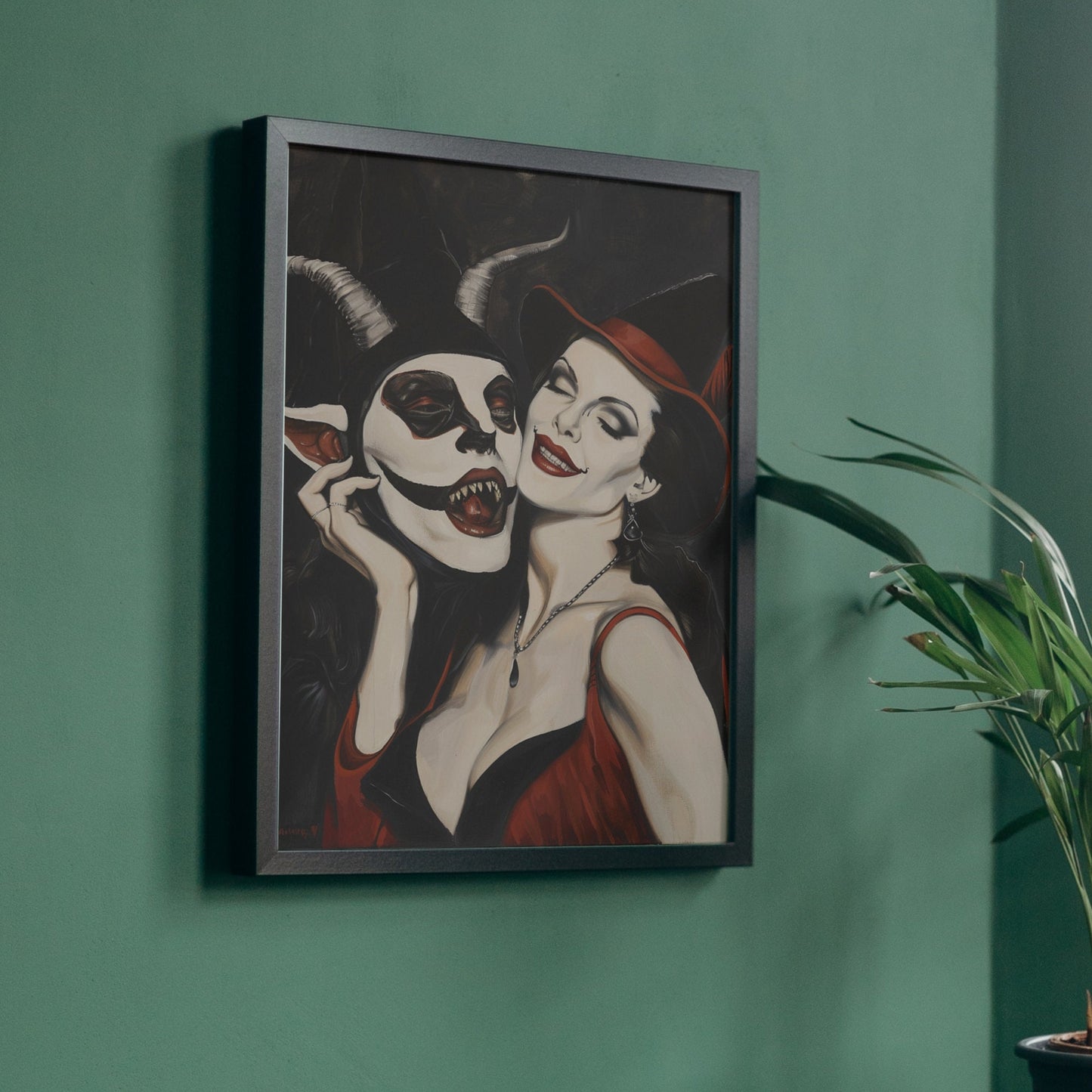 Witch in a red dress with a sinister Devil, horned and masked, captured in a Halloween-inspired gothic illustration