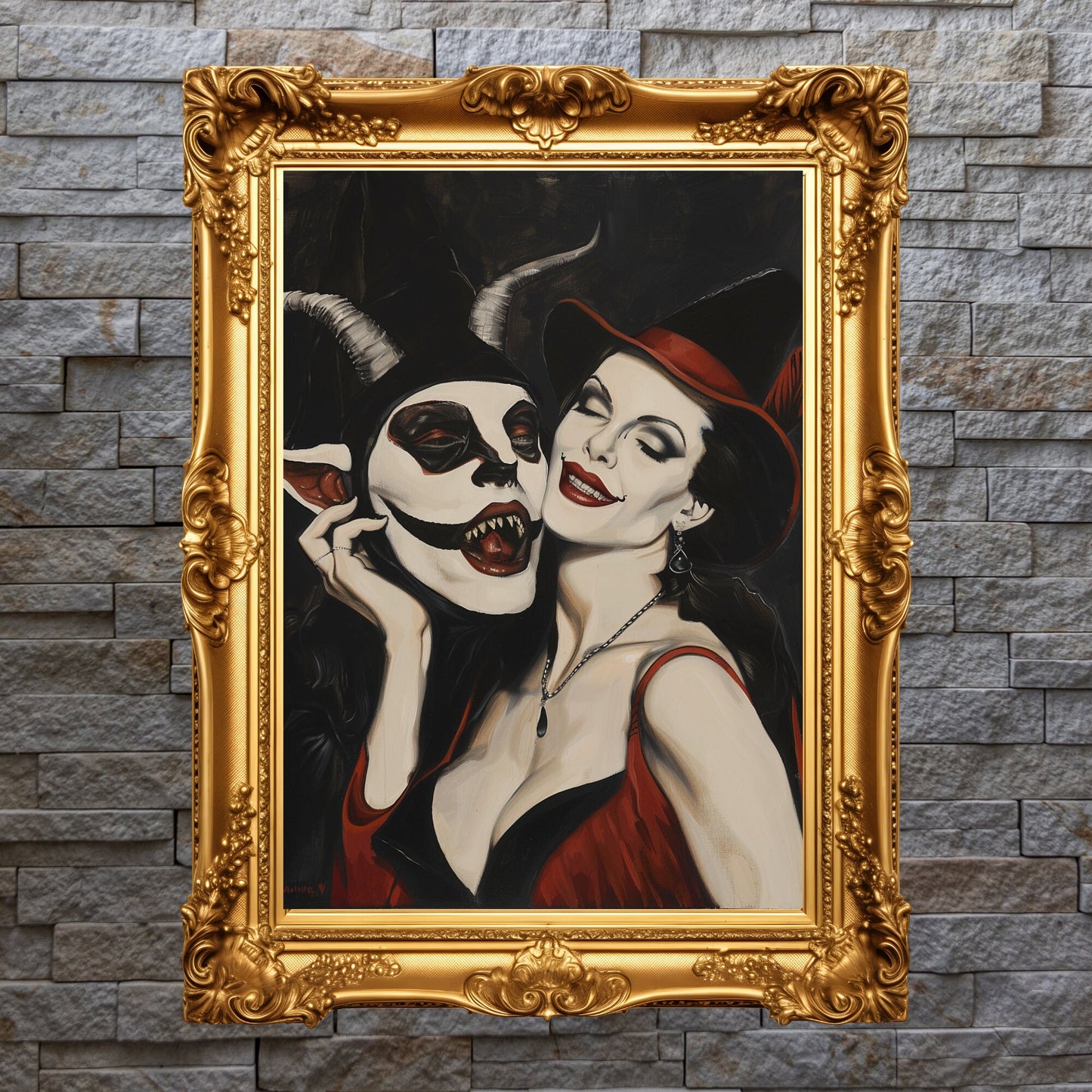 Witch and Devil in a haunting embrace, with gothic tones and eerie details, making it a perfect Halloween gift or decoration