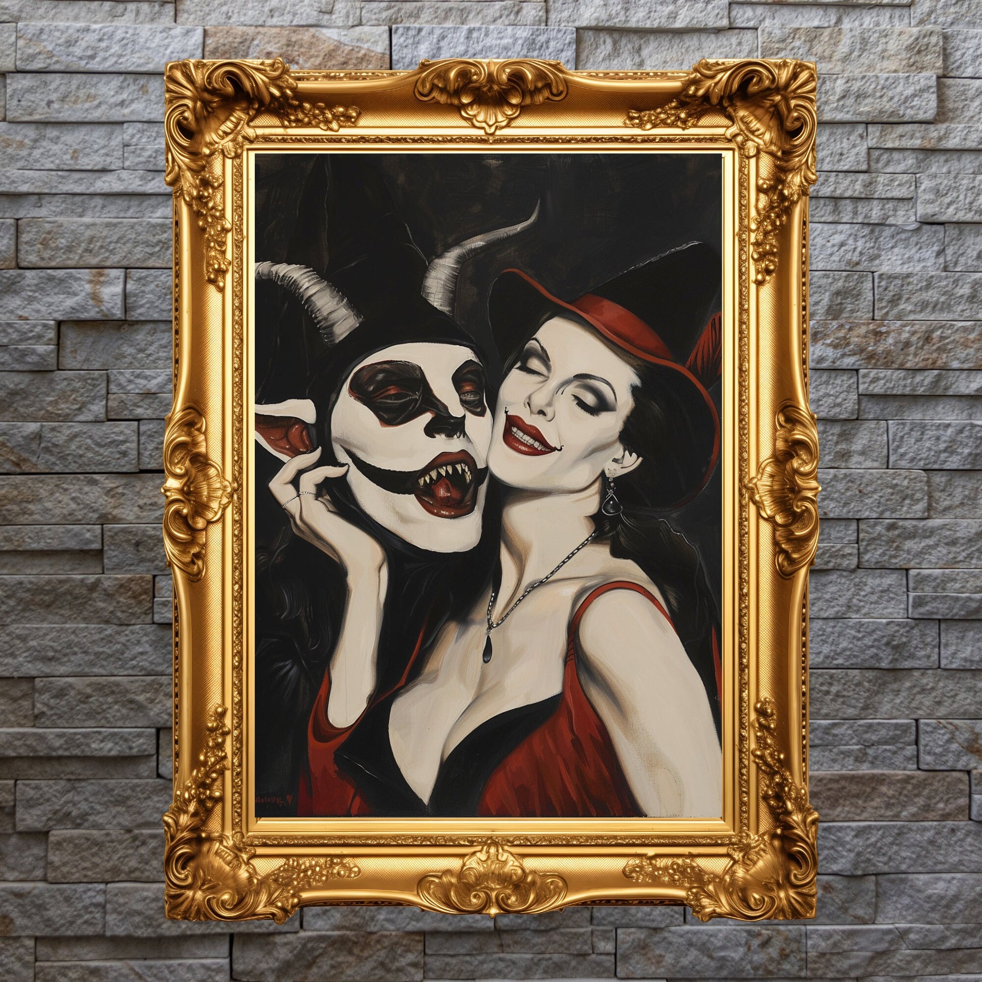 Witch and Devil in a haunting embrace, with gothic tones and eerie details, making it a perfect Halloween gift or decoration