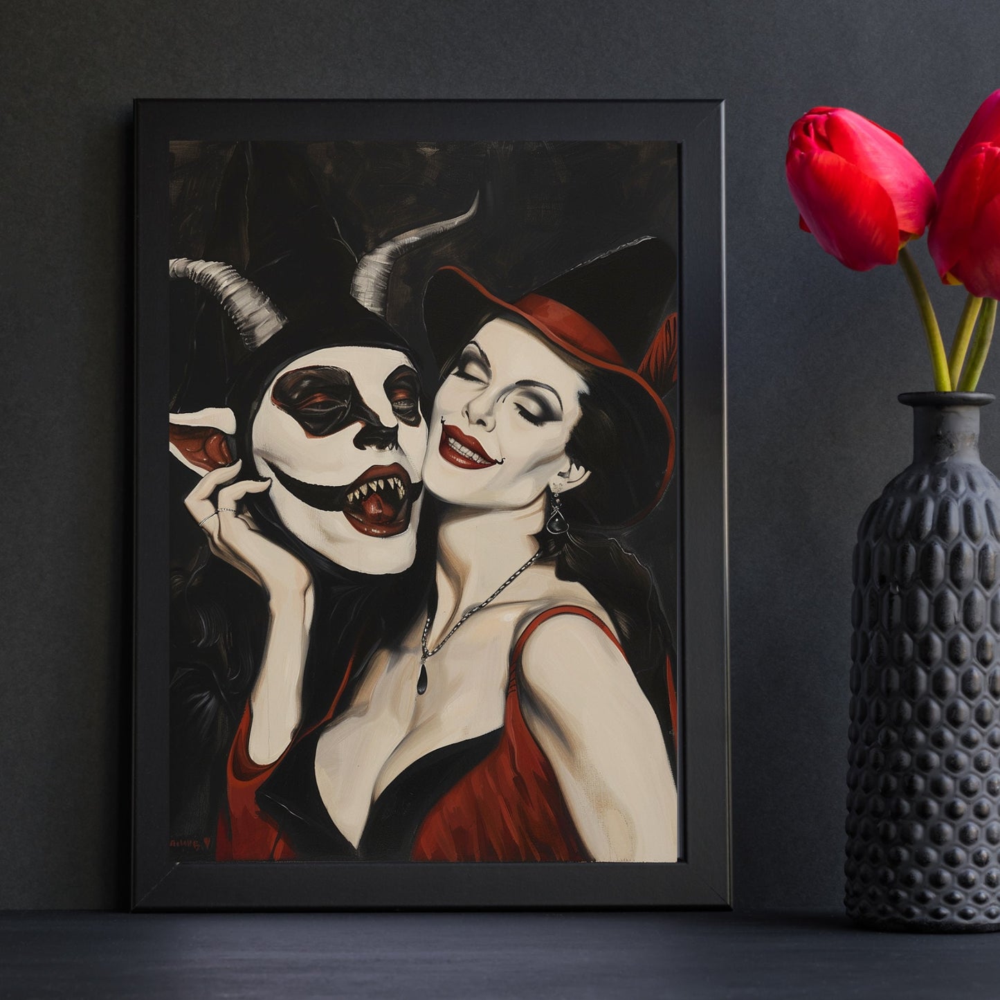Striking dark art print of a witch and the Devil, showcasing eerie charm, perfect for gothic home decor or Halloween fans