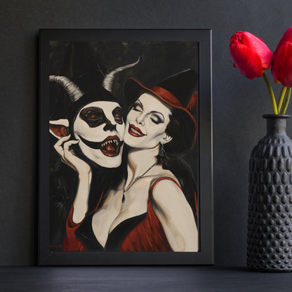Striking dark art print of a witch and the Devil, showcasing eerie charm, perfect for gothic home decor or Halloween fans