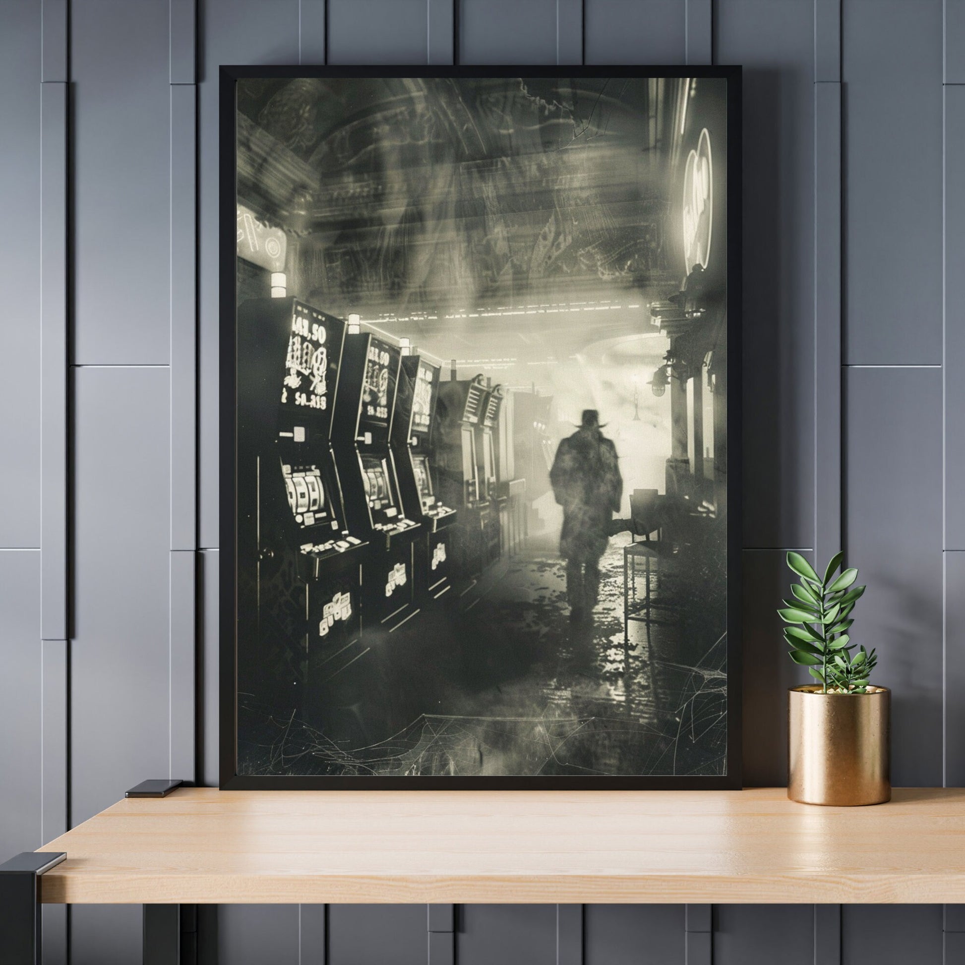 Haunting image of a shadowy figure in a vintage slot machine room, evoking supernatural vibes