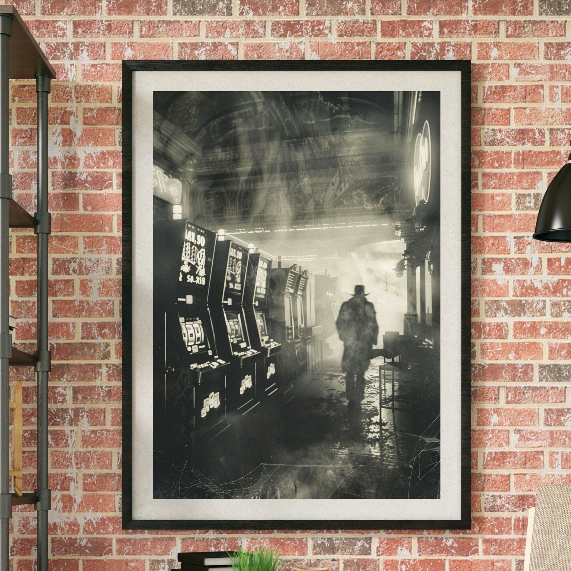 Ghostly figure wandering through an abandoned slot machine arcade in a vintage black-and-white photograph