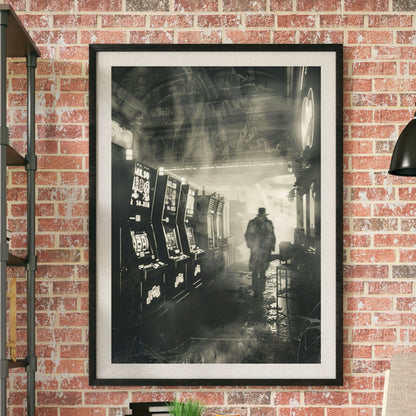 Ghostly figure wandering through an abandoned slot machine arcade in a vintage black-and-white photograph