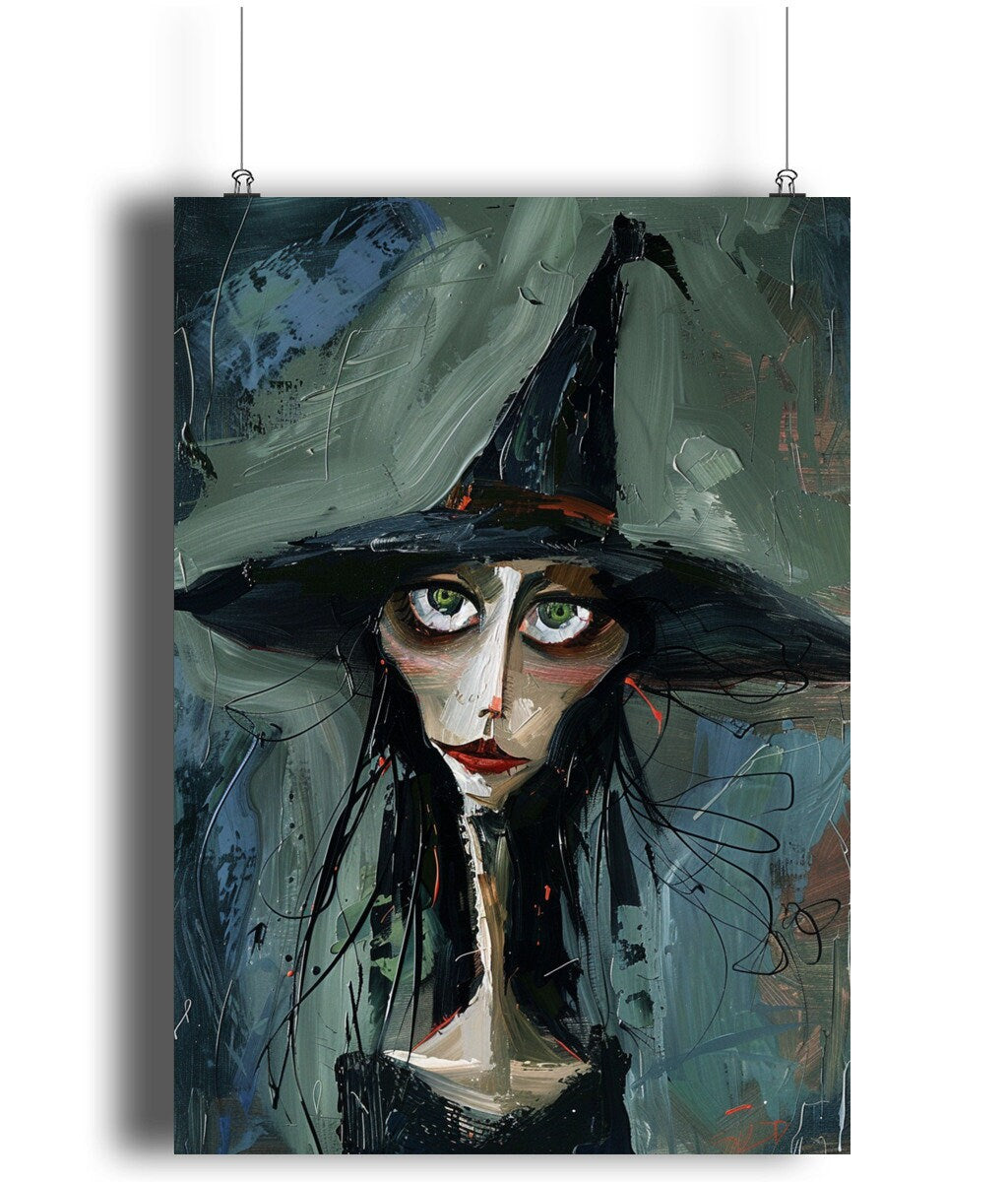 Eerie witch artwork with an abstract design, showcasing green eyes and a dark, mystical atmosphere.