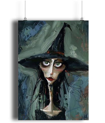 Eerie witch artwork with an abstract design, showcasing green eyes and a dark, mystical atmosphere.